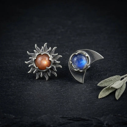 Celestial Moon Star Stone Silver Earrings - Silver