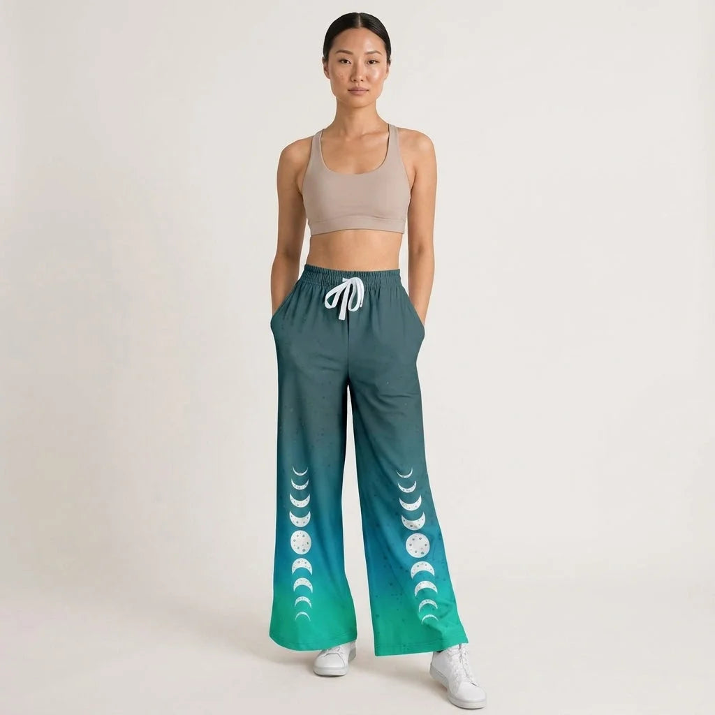 Celestial Sky Wide Leg Jogging Pants With Moon Phases