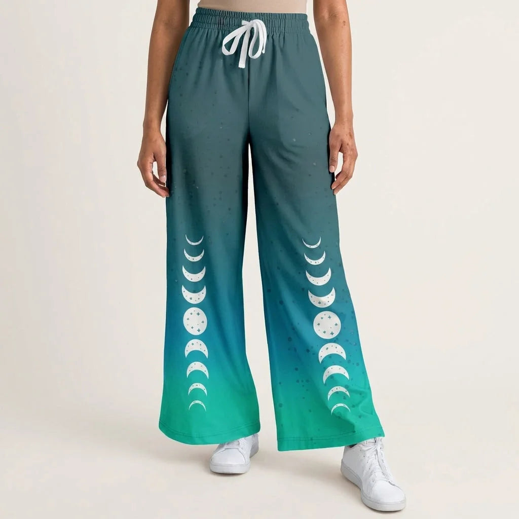Celestial Sky Wide Leg Jogging Pants With Moon Phases