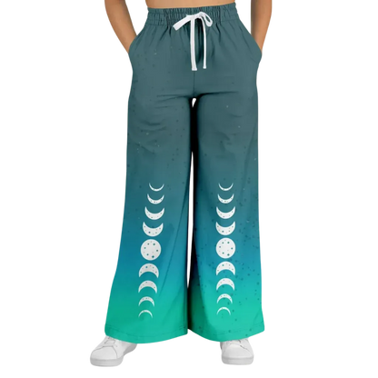 Celestial Sky Wide Leg Jogging Pants With Moon Phases