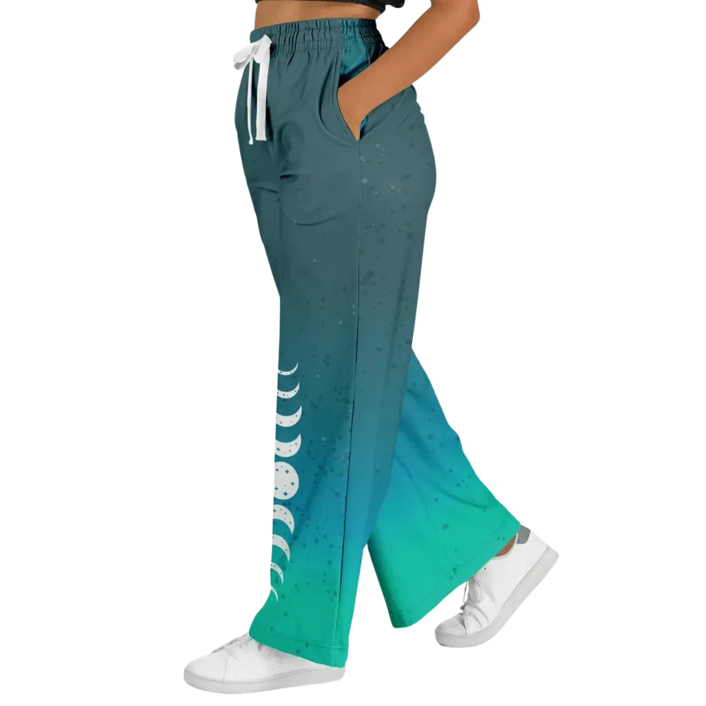 Celestial Sky Wide Leg Jogging Pants With Moon Phases