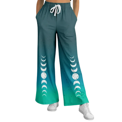 Celestial Sky Wide Leg Jogging Pants With Moon Phases - XS