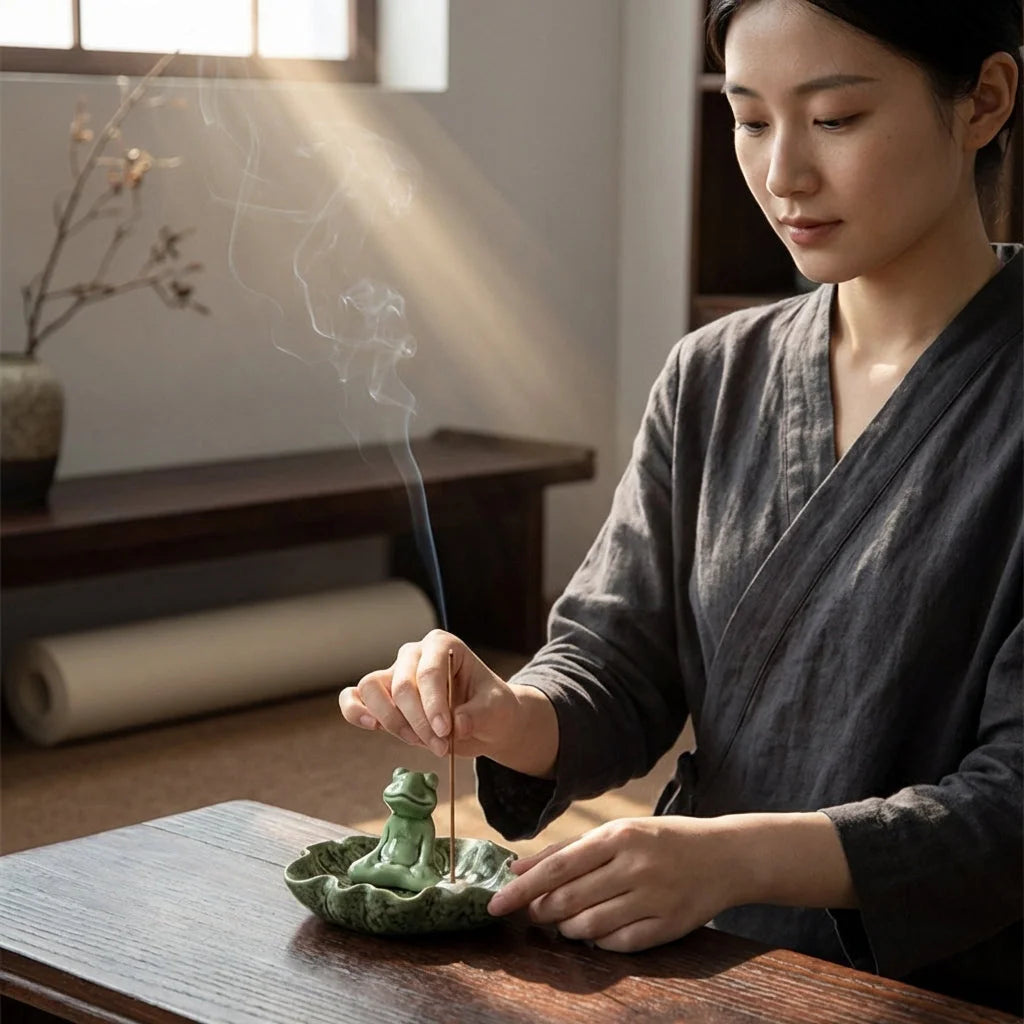 Ceramic Yoga Frog Statues With Incense Holder - Thinking Frog