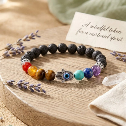 Chakra Bracelet Lava Stone With Hamsa Charm - Bead Diameter: 8mm