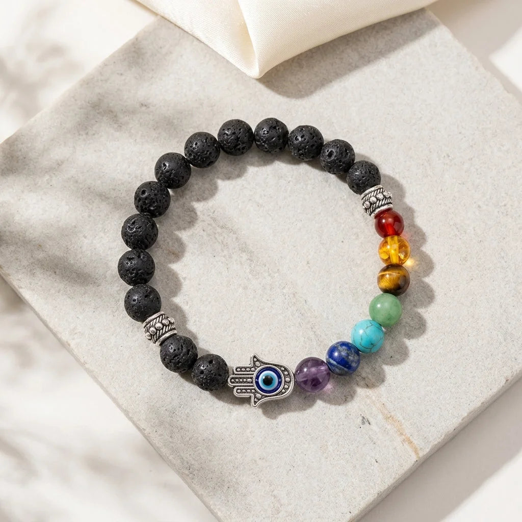 Chakra Bracelet Lava Stone With Hamsa Charm - Bead Diameter: 8mm