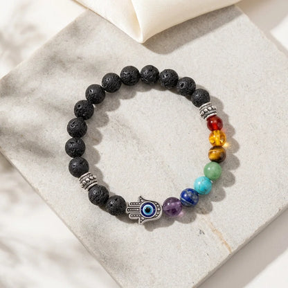 Chakra Bracelet Lava Stone With Hamsa Charm - Bead Diameter: 8mm