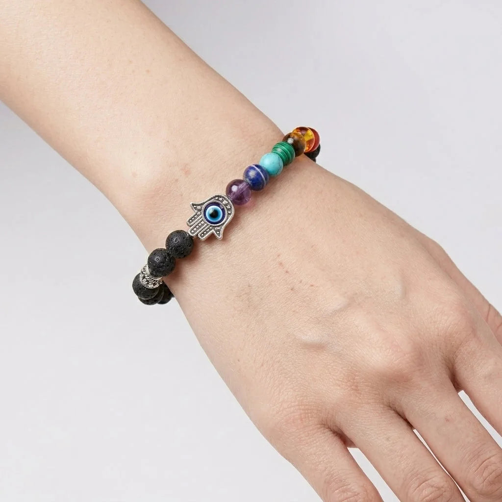 Chakra Bracelet Lava Stone With Hamsa Charm - Bead Diameter: 8mm