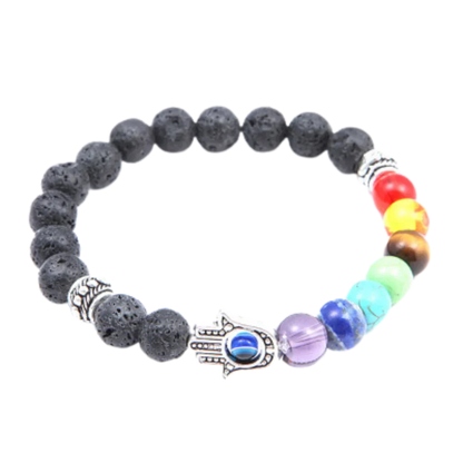 Chakra Bracelet Lava Stone With Hamsa Charm - Bead Diameter: 8mm