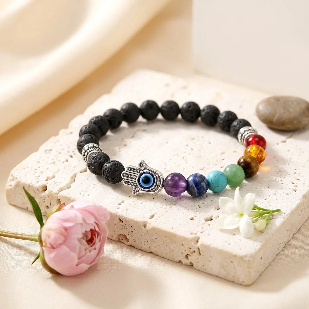 Chakra Bracelet Lava Stone With Hamsa Charm - Bead Diameter: 8mm