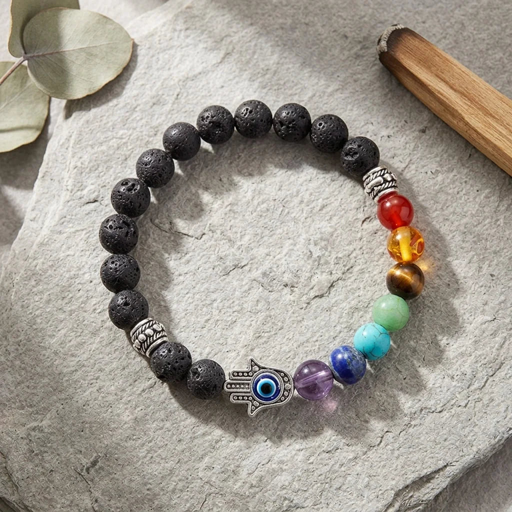 Chakra Bracelet Lava Stone With Hamsa Charm - Bead Diameter: 8mm