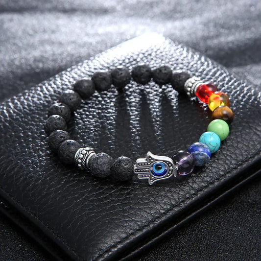 Chakra Bracelet Lava Stone With Hamsa Charm - Bead Diameter: 8mm