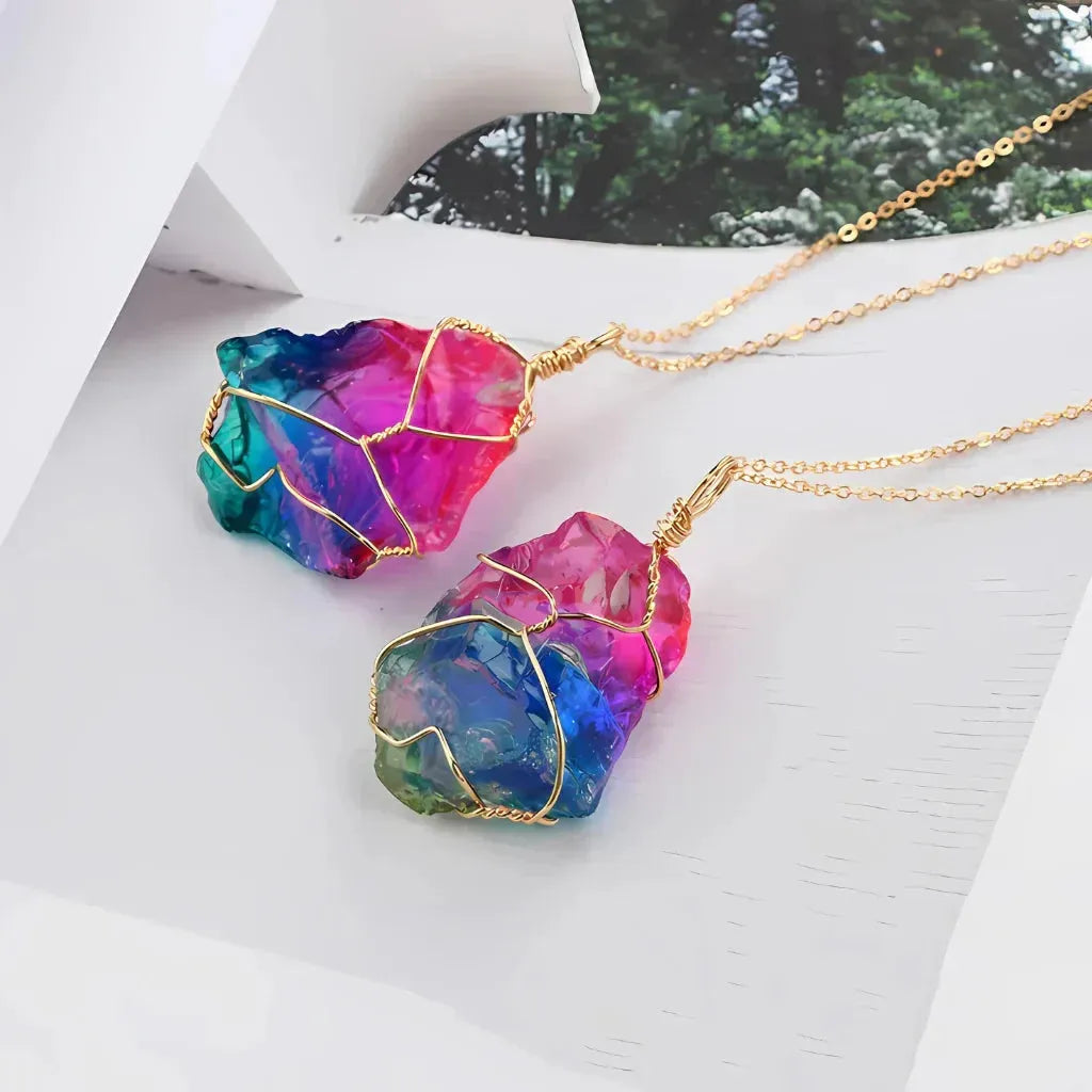 Chakra Stones Necklace With Raw Crystal Pendant