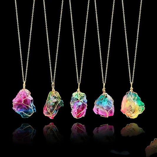 Chakra Stones Necklace With Raw Crystal Pendant