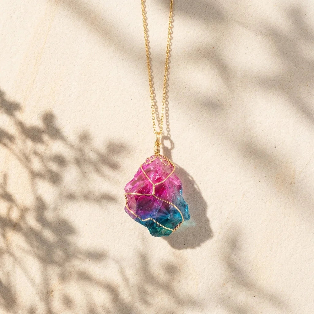 Chakra Stones Necklace With Raw Crystal Pendant