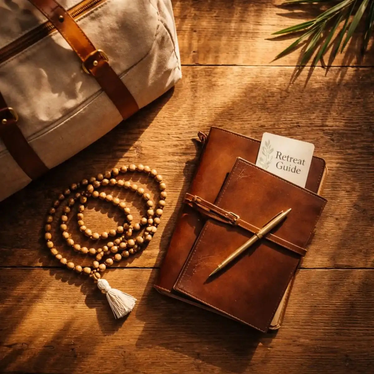 Conscious living retreat flat lay with canvas travel bag, leather journal, mala beads and retreat guide card in warm golden light