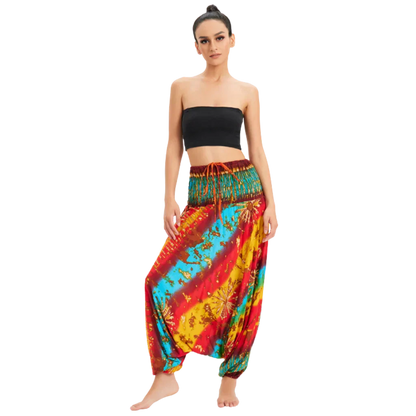 Convertible Female Drop Crotch Pants Romper - Yellow Blue Red Gradient / one size