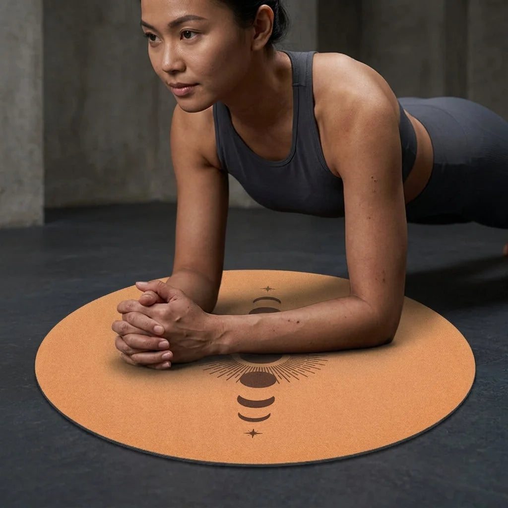 Cork Yoga Round Mat With Celestial Print - Sun and Moon Profit and Loss / 68x68 cm