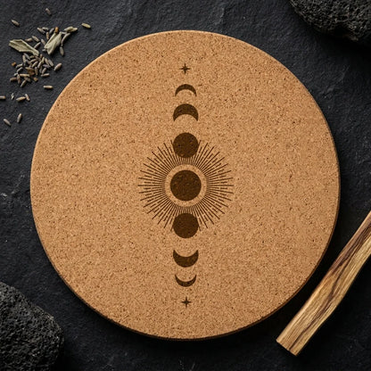 Cork Yoga Round Mat With Celestial Print - Sun and Moon Profit and Loss / 68x68 cm