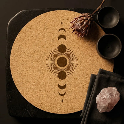 Cork Yoga Round Mat With Celestial Print - Sun and Moon Profit and Loss / 68x68 cm