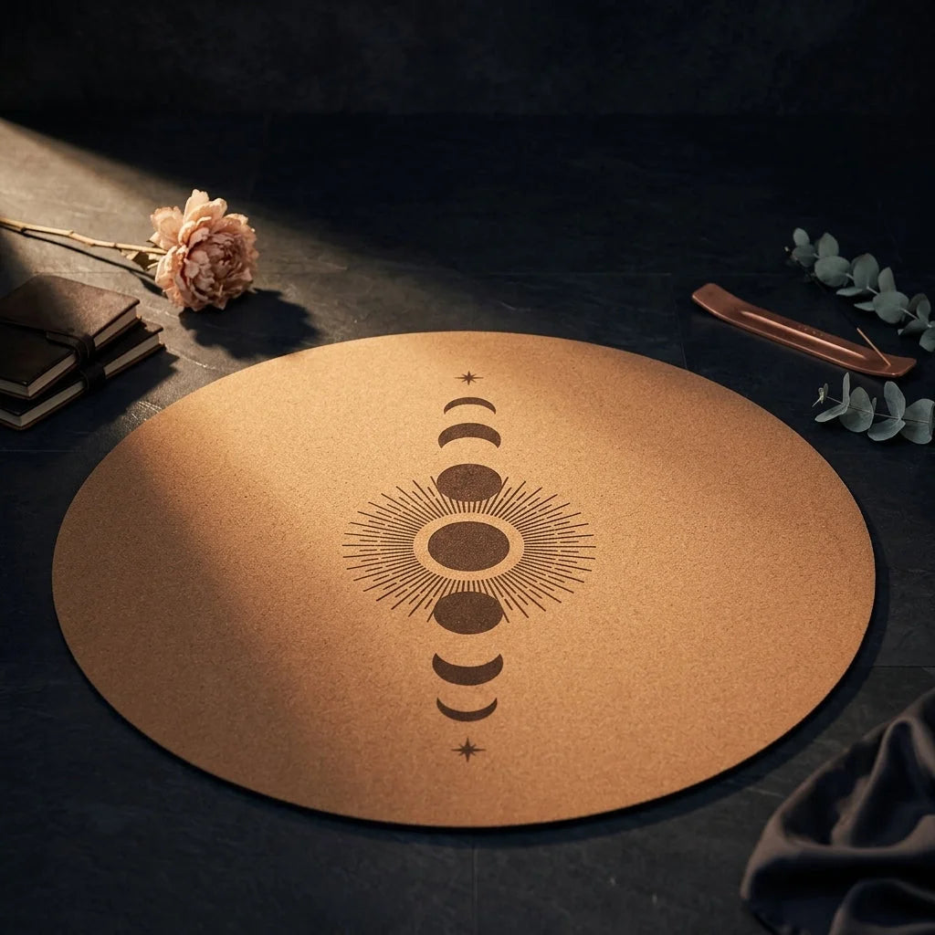 Cork Yoga Round Mat With Celestial Print - Sun and Moon Profit and Loss / 68x68 cm