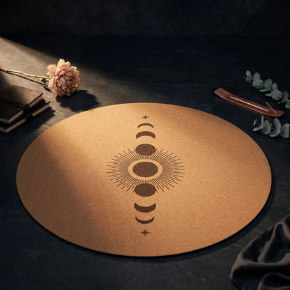 Cork Yoga Round Mat With Celestial Print - Sun and Moon Profit and Loss / 68x68 cm