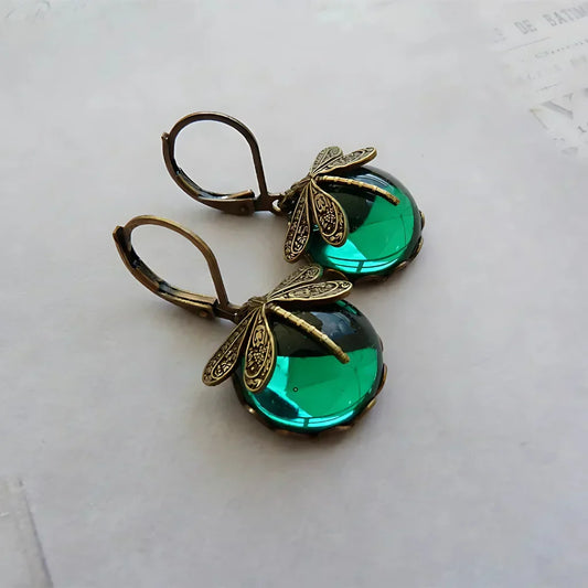 Dragonfly Stone Boho Vintage Earrings - Dark Green