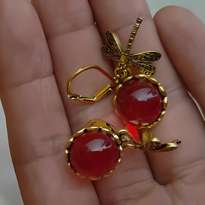 Dragonfly Stone Boho Vintage Earrings - Wine Red