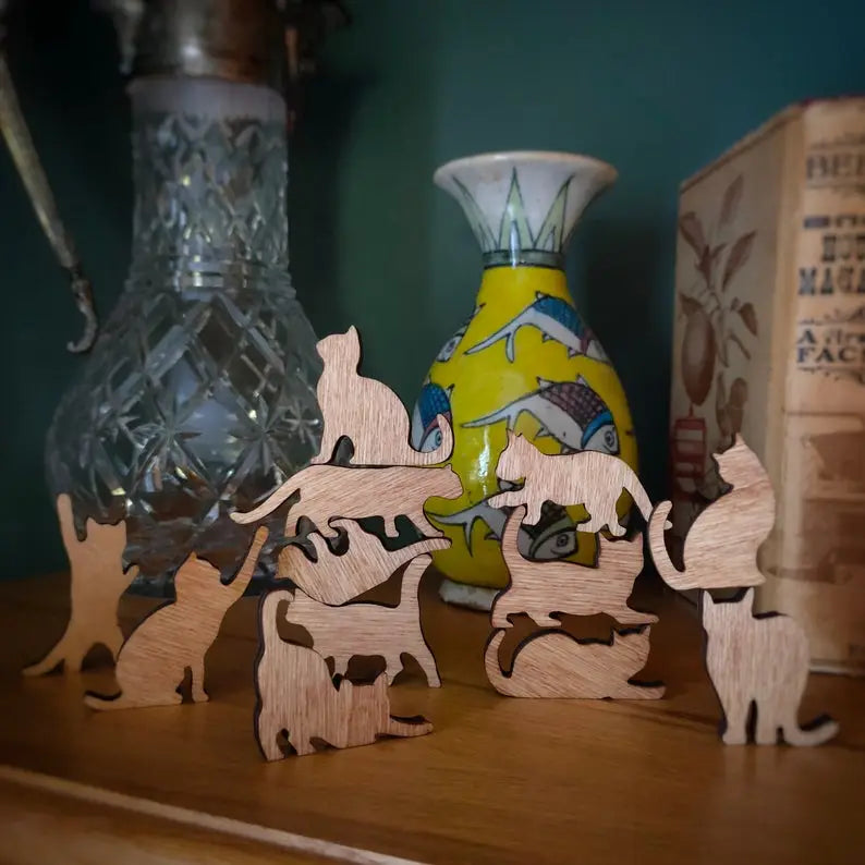 Mini Wooden Yoga Cat Statue For Calm Home Spaces