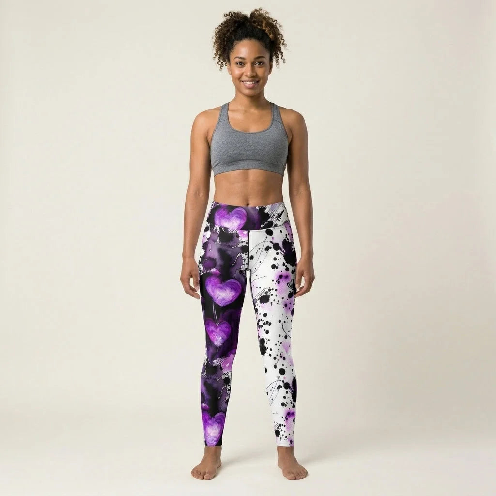 Flare Leggings For Women With Purple Heart Print
