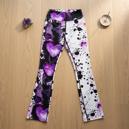 Flare Leggings For Women With Purple Heart Print