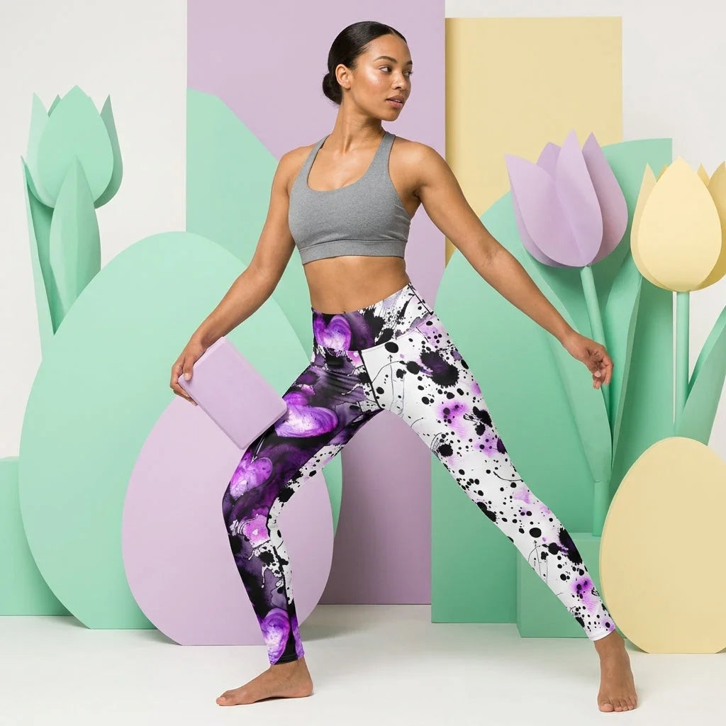 Flare Leggings For Women With Purple Heart Print