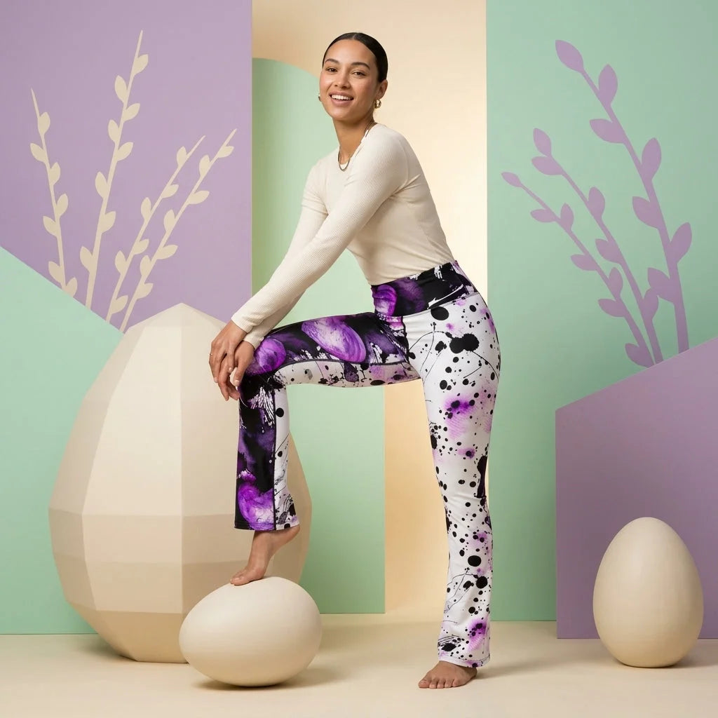 Flare Leggings For Women With Purple Heart Print