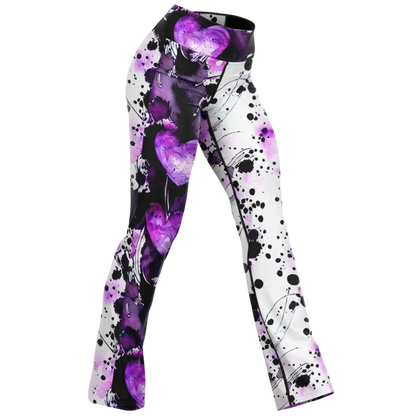 Flare Leggings For Women With Purple Heart Print - XS