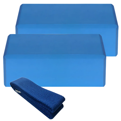 Foam Yoga Block Set With Strap For Stretch And Support - Blue