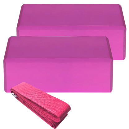 Foam Yoga Block Set With Strap For Stretch And Support - Pink