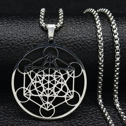 Geometric Pendant Necklace With Celestial Charm - White Steel Color