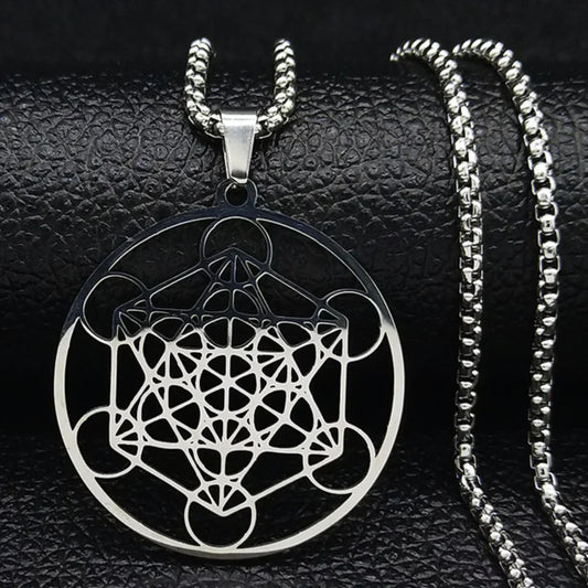 Geometric Pendant Necklace With Celestial Charm - White Steel Color