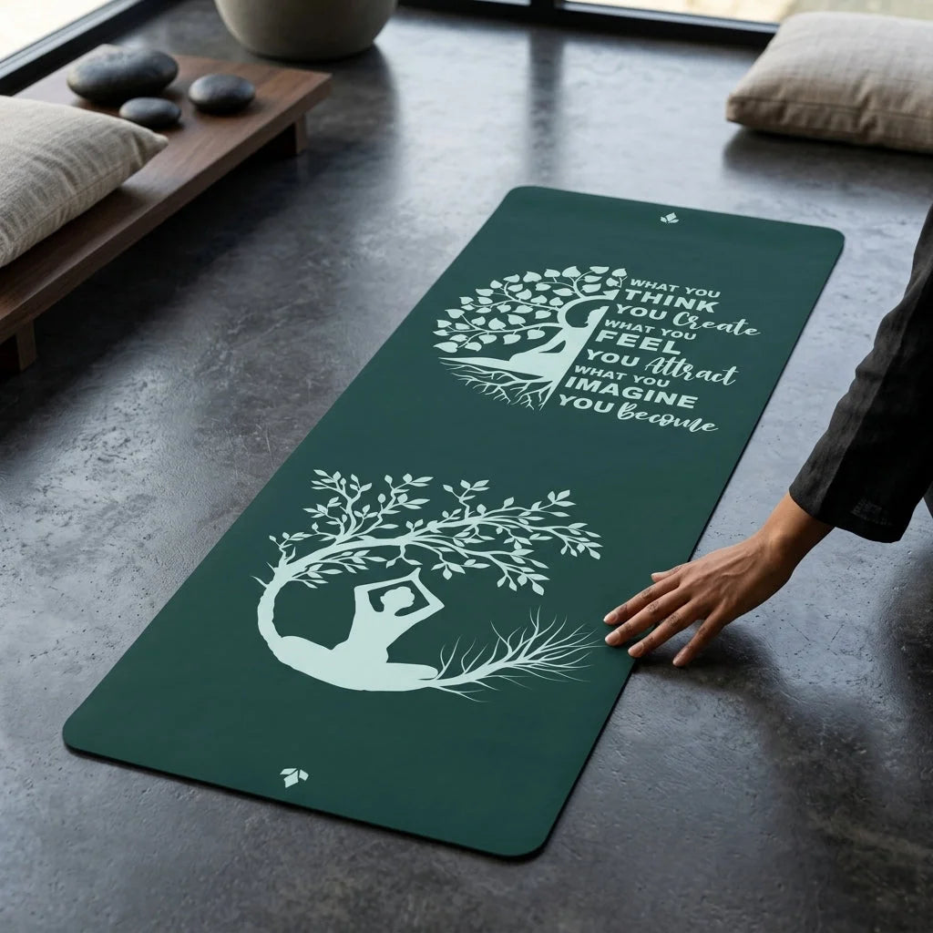 Green Yoga Mat With Buddha Quote And Tree Of Life - 24x68