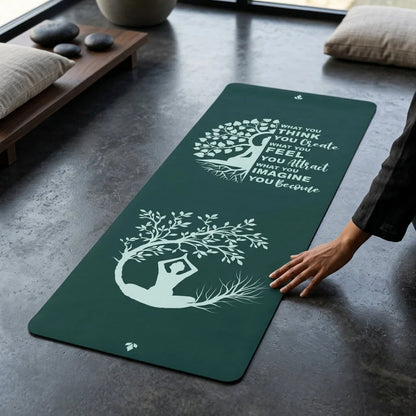 Green Yoga Mat With Buddha Quote And Tree Of Life - 24x68