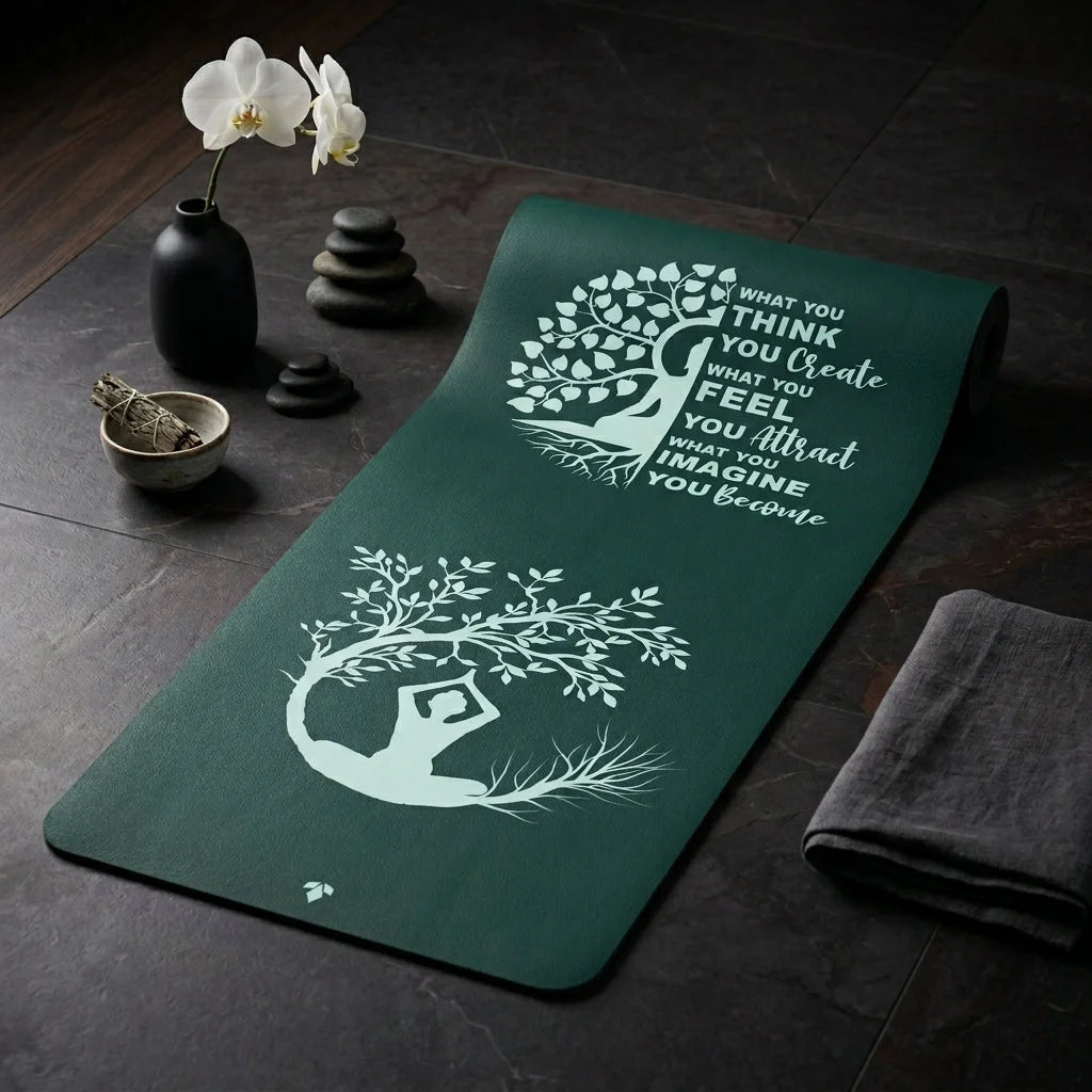 Green Yoga Mat With Buddha Quote And Tree Of Life - 24x68