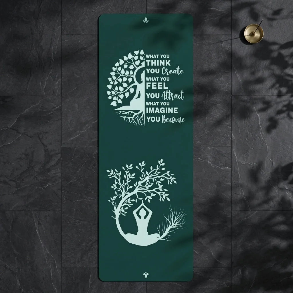 Green Yoga Mat With Buddha Quote And Tree Of Life - 24x68