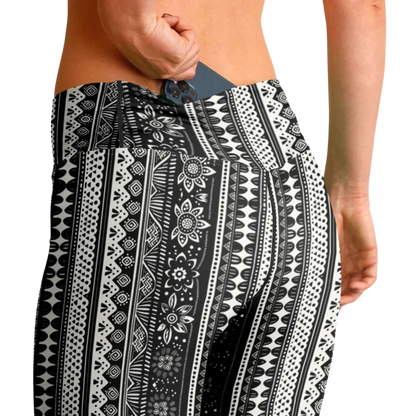 Grey Flared Leggings With 70s Ethnic Stripe Print