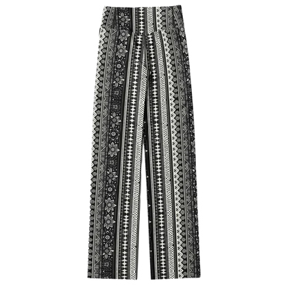 Grey Flared Leggings With 70s Ethnic Stripe Print