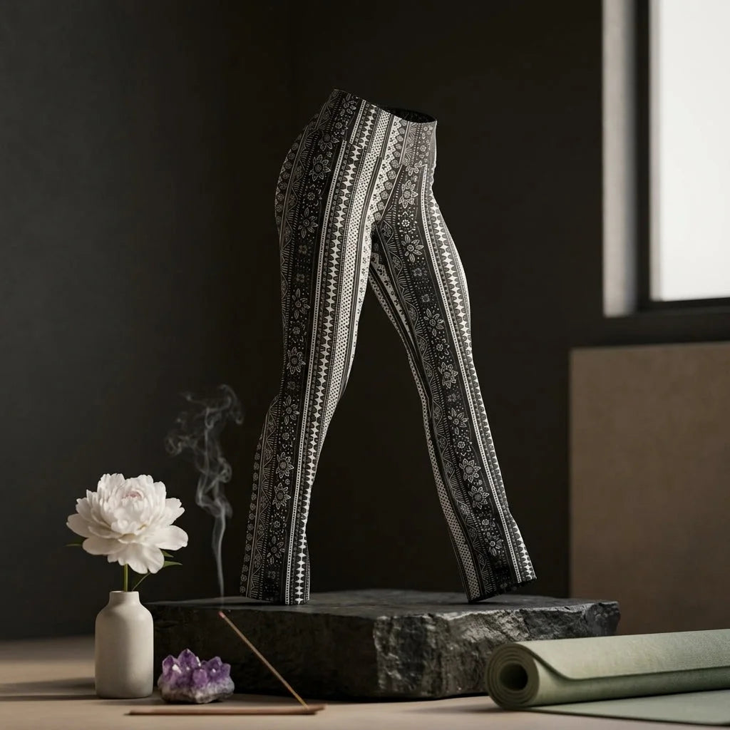 Grey Flared Leggings With 70s Ethnic Stripe Print