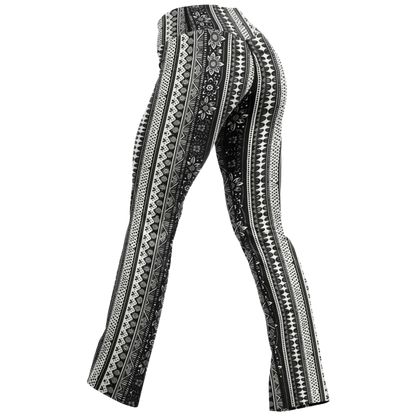 Grey Flared Leggings With 70s Ethnic Stripe Print