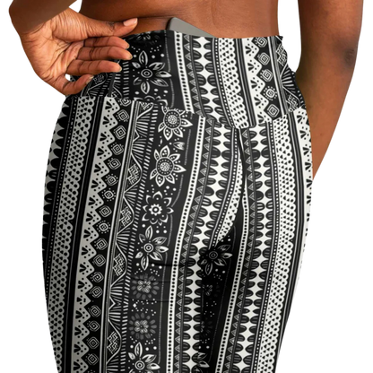 Grey Flared Leggings With 70s Ethnic Stripe Print