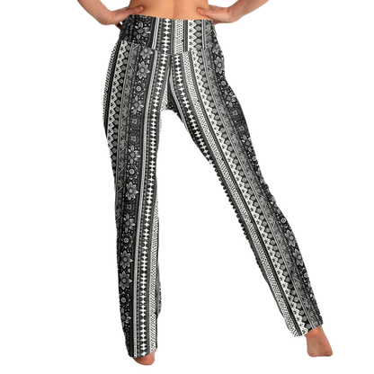 Grey Flared Leggings With 70s Ethnic Stripe Print