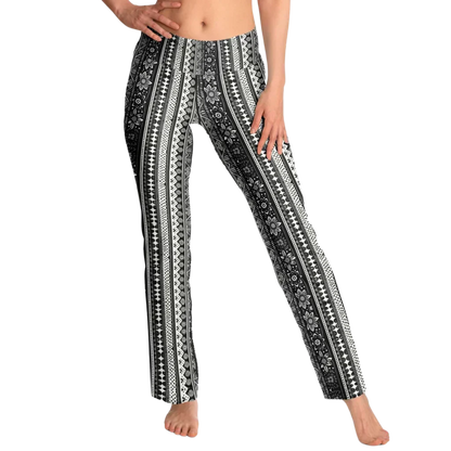 Grey Flared Leggings With 70s Ethnic Stripe Print