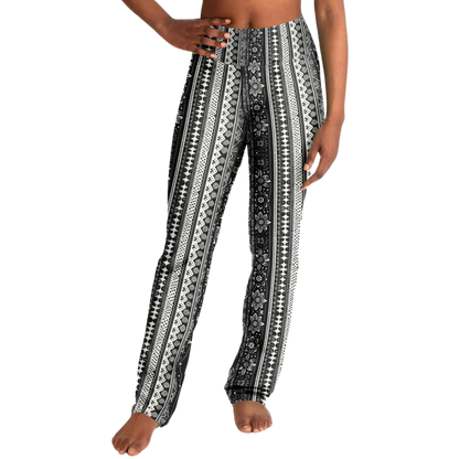 Grey Flared Leggings With 70s Ethnic Stripe Print