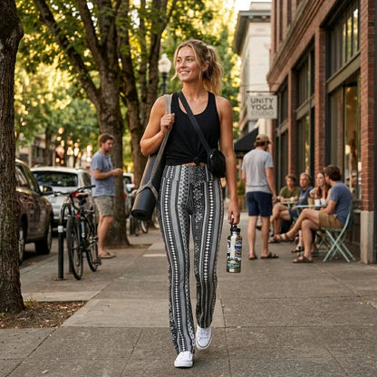 Grey Flared Leggings With 70s Ethnic Stripe Print